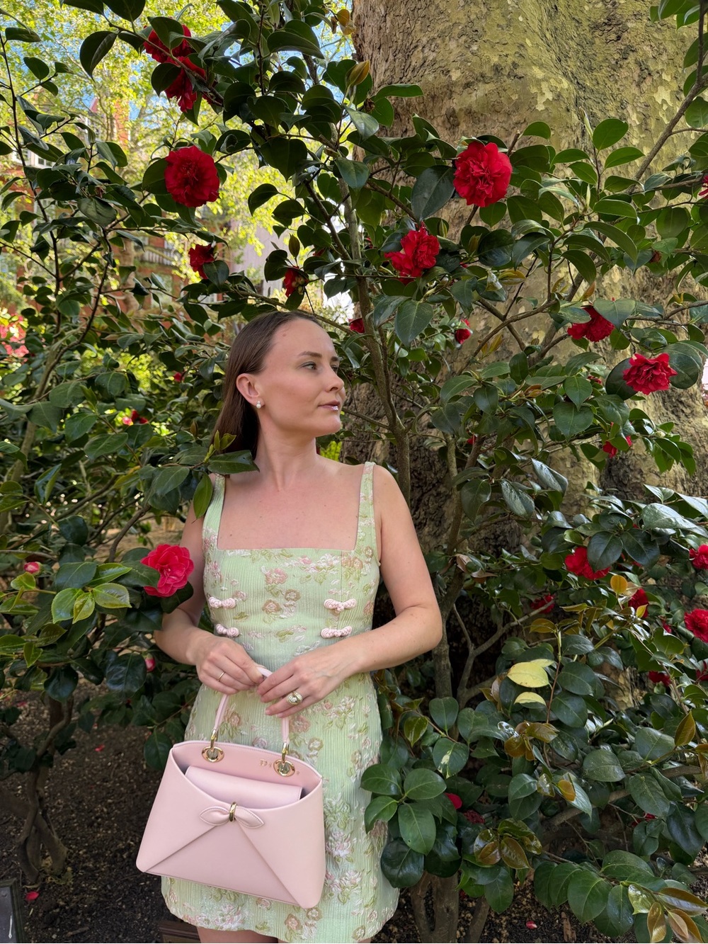 Sau Lee Light Green Floral Dress with Pale Pink Braided Embellishments